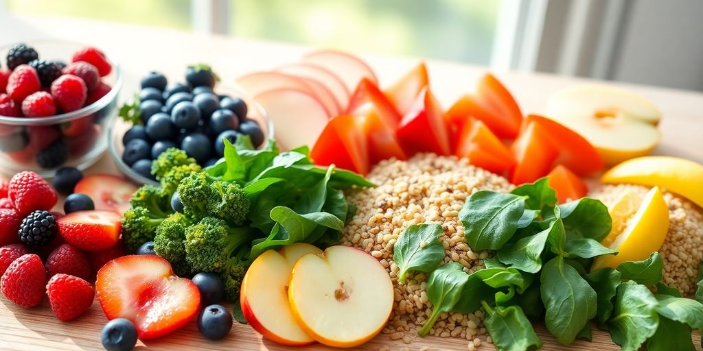 Fresh fruits, vegetables, and whole grains arranged attractively.