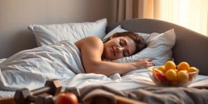 Person sleeping peacefully beside healthy food and weights.