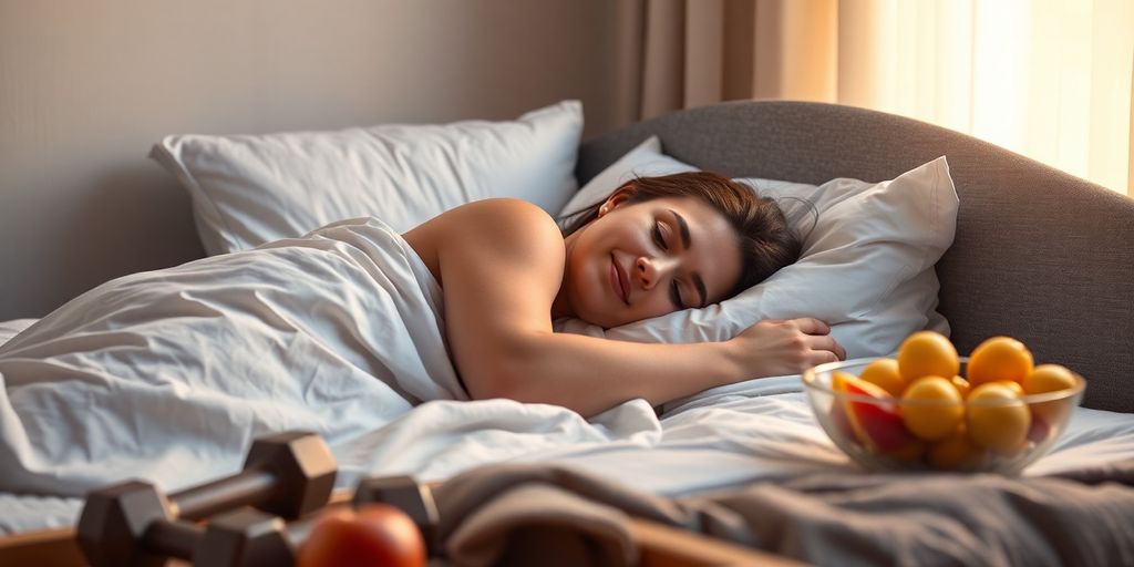 Person sleeping peacefully beside healthy food and weights.