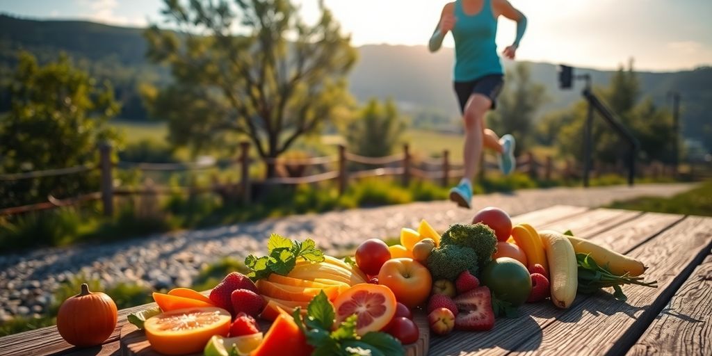 Person running outdoors, healthy food.