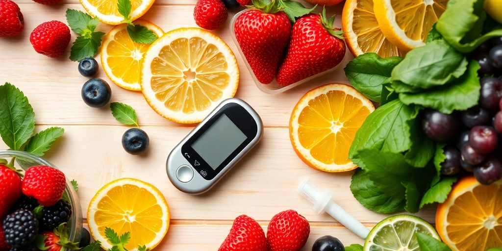 Colorful fresh food items next to a blood sugar monitor.