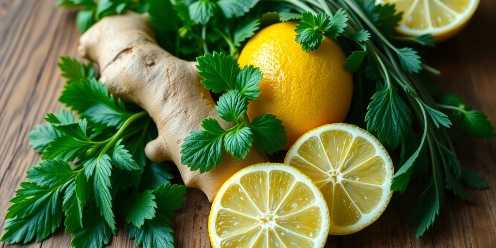 Fresh green herbs, ginger, and lemon on wooden table.