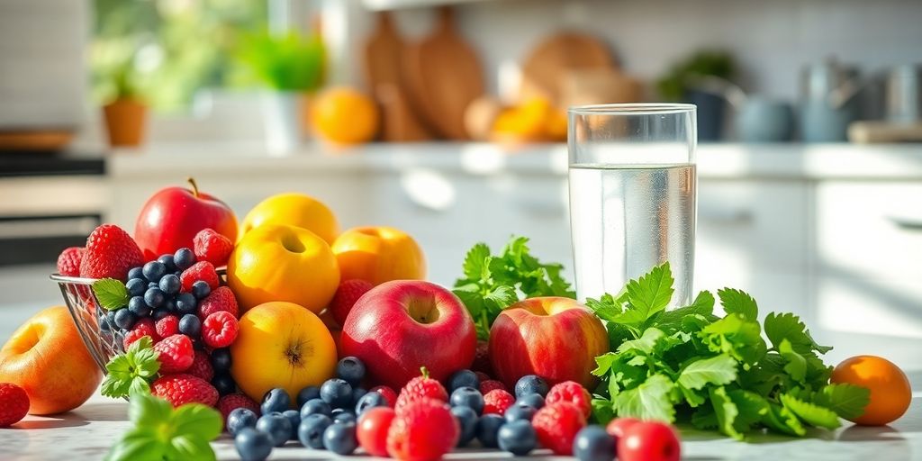 Fresh fruits, vegetables, water on a table.