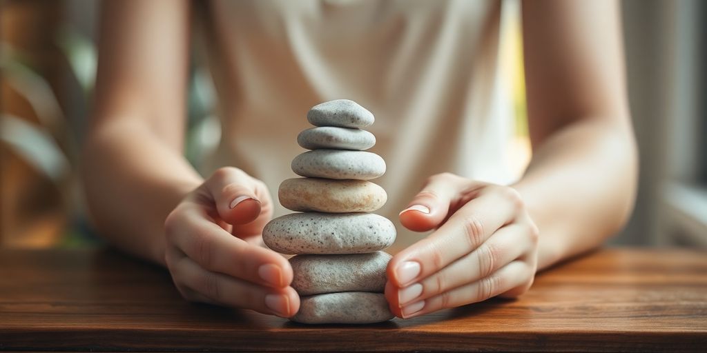 Person balancing stones, calm.