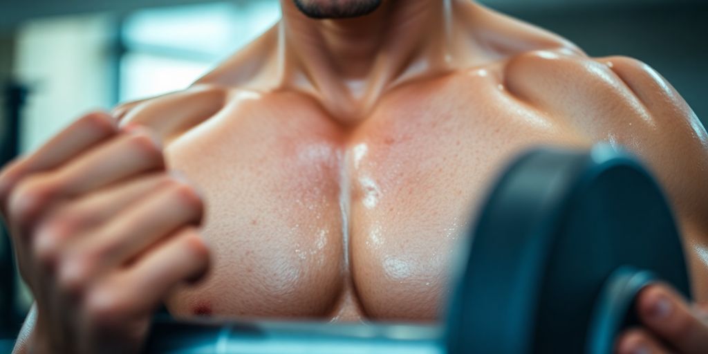 Muscular person lifting weights at gym.